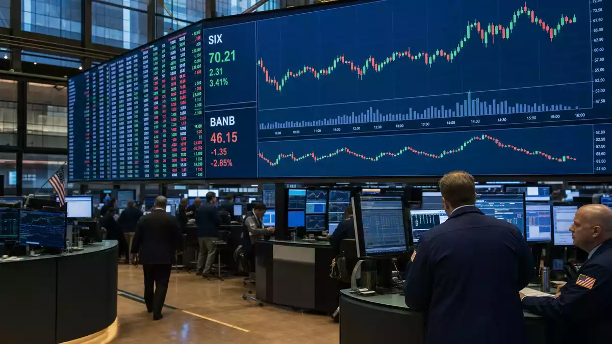 Börsen-Editorial mit Trading-Floor und Biotech-Aktiencharts auf Bildschirmen