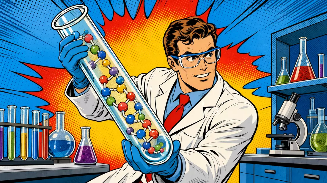 Pop-Art-Comic eines Wissenschaftlers mit Reagenzglas voller Peptidmolekülen