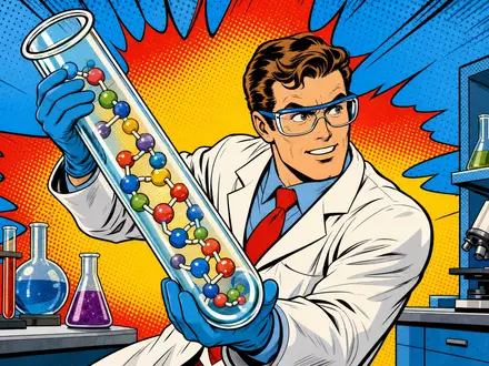 Bachem Holding AG (CH0012530207) wird hier als farbenfrohe Pop-Art-Comic-Szene mit Wissenschaftler und Peptidmolekülen gezeigt - Foto: THN