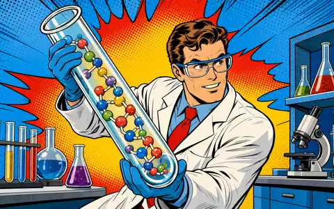 Bachem Holding AG (CH0012530207) wird hier als farbenfrohe Pop-Art-Comic-Szene mit Wissenschaftler und Peptidmolekülen gezeigt - Foto: THN