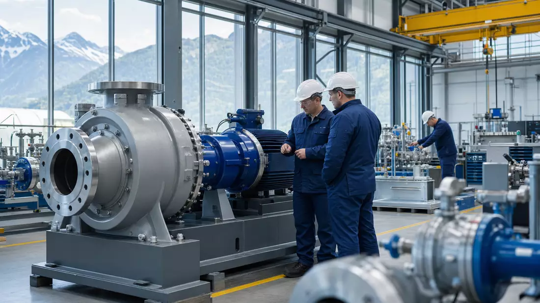 Fotorealistische Werkshalle mit Industriepumpe und Technikern in Schutzausrüstung
