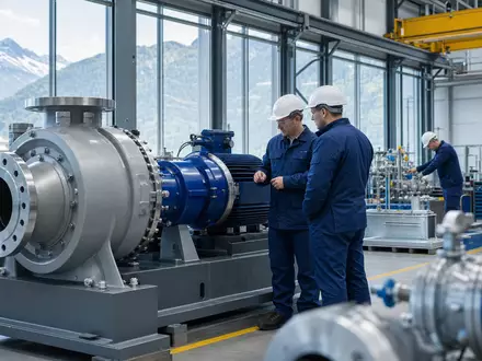 Sulzer AG (CH0038388911) zeigt fotorealistisch eine moderne Pumpenfertigung mit Ingenieuren an Strömungstechnik-Anlagen in der Schweiz - Foto: THN