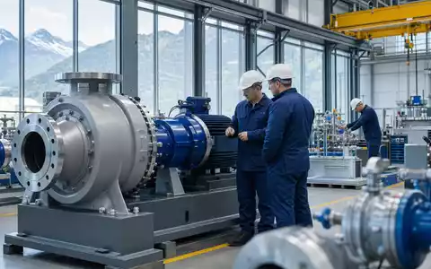 Sulzer AG (CH0038388911) zeigt fotorealistisch eine moderne Pumpenfertigung mit Ingenieuren an Strömungstechnik-Anlagen in der Schweiz - Foto: THN