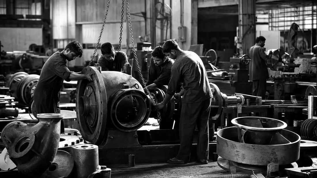 Schwarzweiß-Reportagefoto von Fabrikarbeitern bei der Pumpenmontage