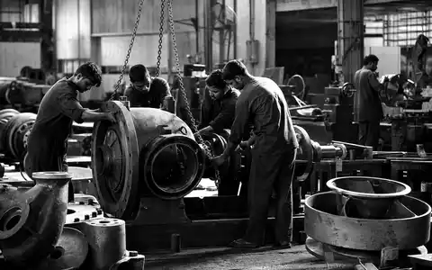 Sulzer AG (CH0038388911) dokumentiert in Schwarzweiß-Reportage Arbeiter bei der Montage großer Industriepumpen in Fabrikhalle - Foto: THN