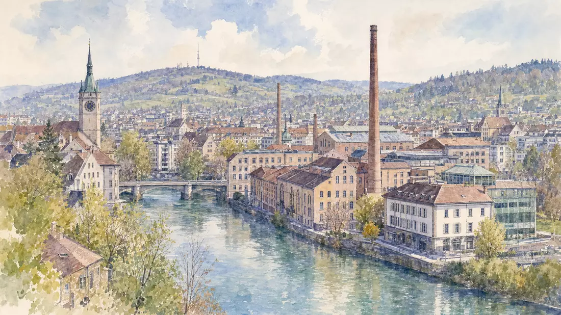 Aquarellmalerei einer Schweizer Industriestadt mit Fluss und altem Fabrikschornstein