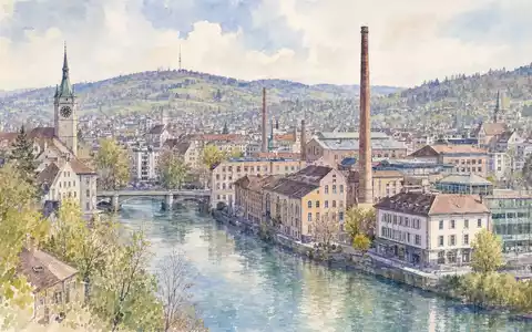 Sulzer AG (CH0038388911) präsentiert als Aquarell die Schweizer Industriestadt Winterthur mit Fluss und historischen Fabrikgebäuden - Foto: THN