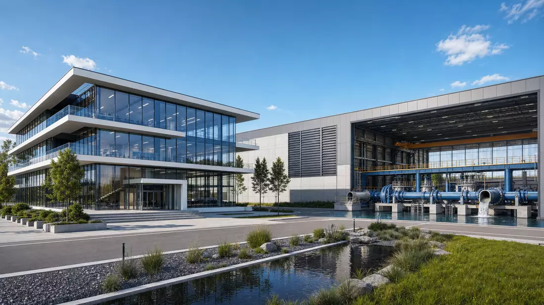 3D-Architekturrender eines Bürogebäudes neben einer industriellen Testanlage