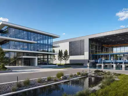Sulzer AG (CH0038388911) zeigt als Architektur-Render eine moderne Firmenzentrale neben einer Strömungstechnik-Testanlage - Foto: THN
