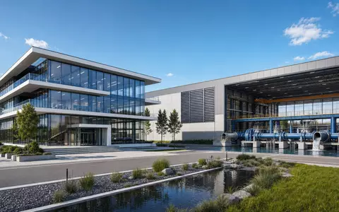 Sulzer AG (CH0038388911) zeigt als Architektur-Render eine moderne Firmenzentrale neben einer Strömungstechnik-Testanlage - Foto: THN