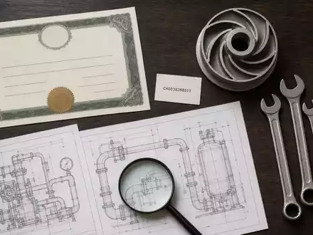 Sulzer AG (CH0038388911) inszeniert als Flatlay ein Aktienzertifikat, eine ISIN-Karte und ein Pumpenlaufrad mit Werkzeugen - Foto: THN