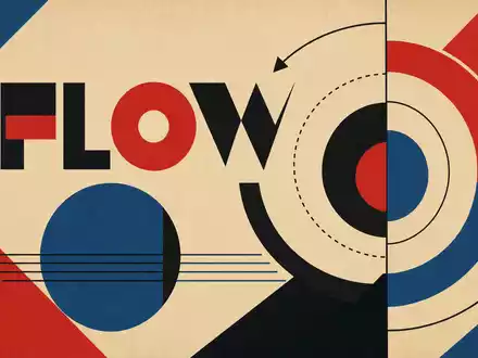 Sulzer AG (CH0038388911) wird im Bauhaus-Poster-Stil mit geometrischen Formen und dem Sektor-Text FLOW dargestellt - Foto: THN
