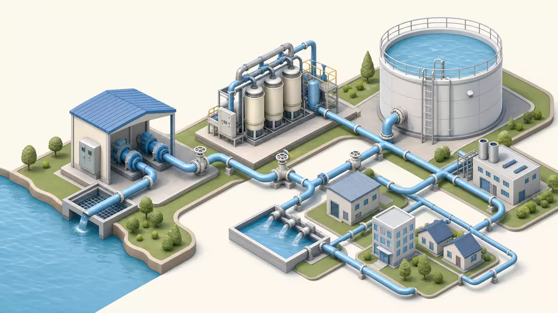 Isometrische 3D-Illustration einer Pumpstation mit Rohrleitungen und Wassertank
