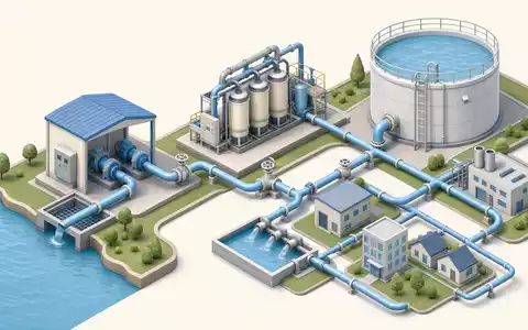 Sulzer AG (CH0038388911) illustriert isometrisch die gesamte Wertschöpfungskette einer Wasseraufbereitungs- und Pumpenanlage detailliert - Foto: THN