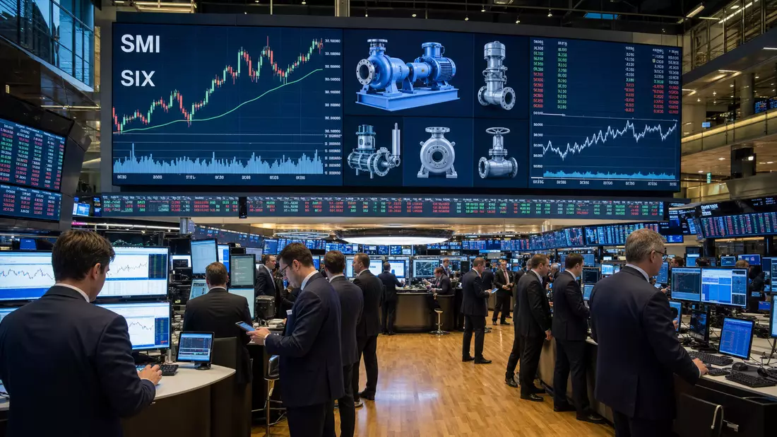 Trading-Floor mit Börsenbildschirmen, SMI-Kursdiagrammen und Pumpensymbolen
