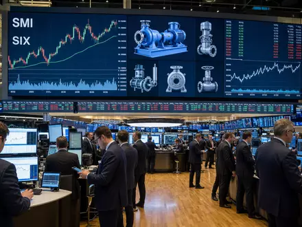 Sulzer AG (CH0038388911) erscheint im Börsen-Editorial auf dem SIX-Trading-Floor mit Charts und Pumpensymbolen im SMI - Foto: THN