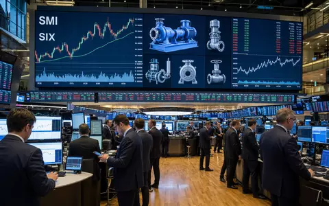 Sulzer AG (CH0038388911) erscheint im Börsen-Editorial auf dem SIX-Trading-Floor mit Charts und Pumpensymbolen im SMI - Foto: THN