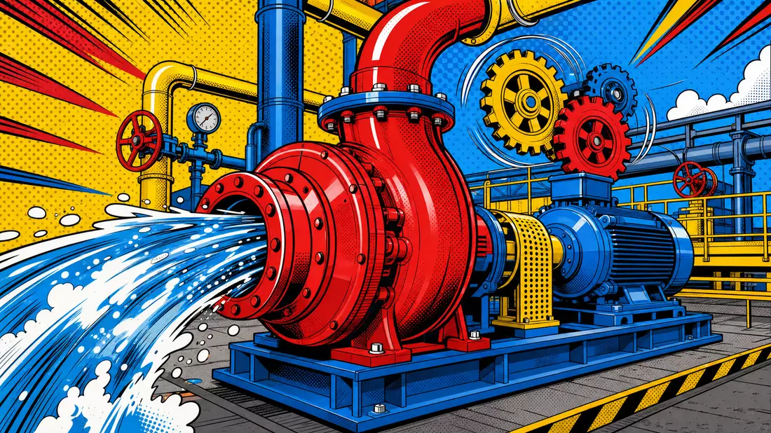 Pop-Art-Comic mit farbiger Industriepumpe, Zahnrädern und fließendem Wasser