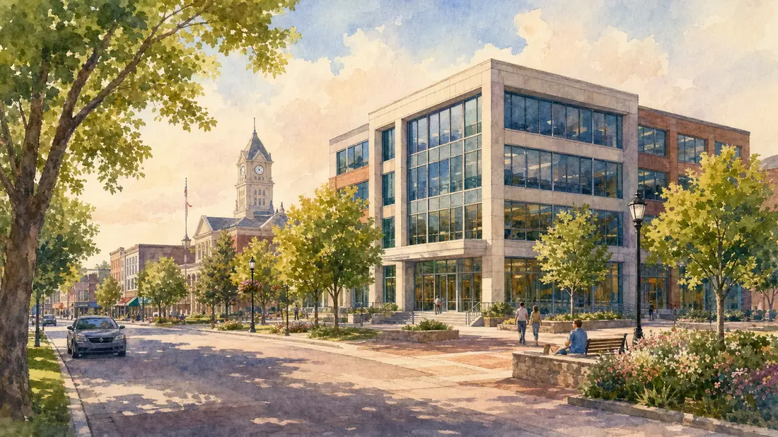 Aquarellmalerei einer kleinen amerikanischen Stadt mit modernem Bürogebäude