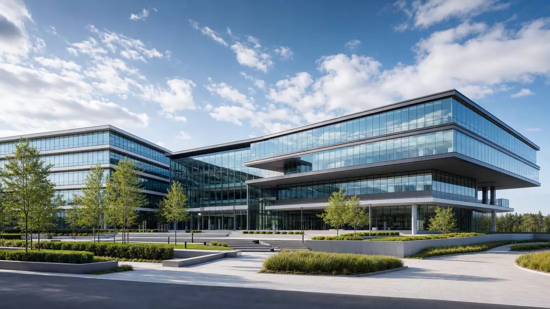 Architektur-Rendering eines modernen gläsernen Bürocampus mit blauem Himmel