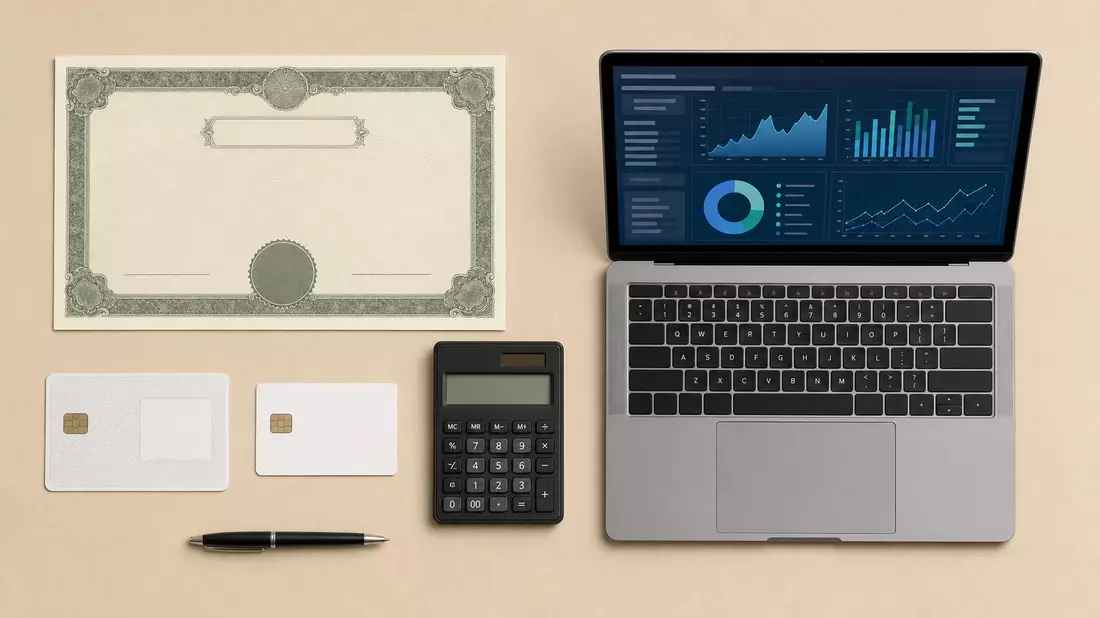 Flatlay mit Aktienzertifikat, Laptop mit Finanzdiagrammen und Bankkarten