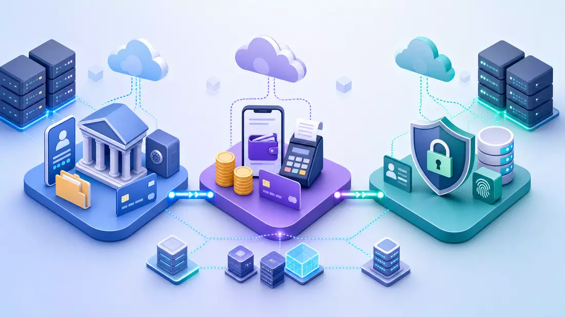Isometrische 3D-Illustration einer digitalen Bank-Wertschöpfungskette mit Servern und Cloud