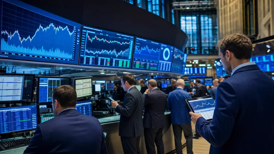 Trading-Floor mit großen Bildschirmen und Finanzcharts, Händler in Anzügen