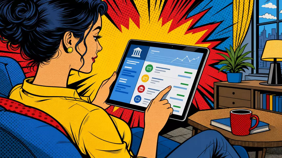 Pop-Art-Comic einer Person, die eine Banking-App auf einem Tablet nutzt