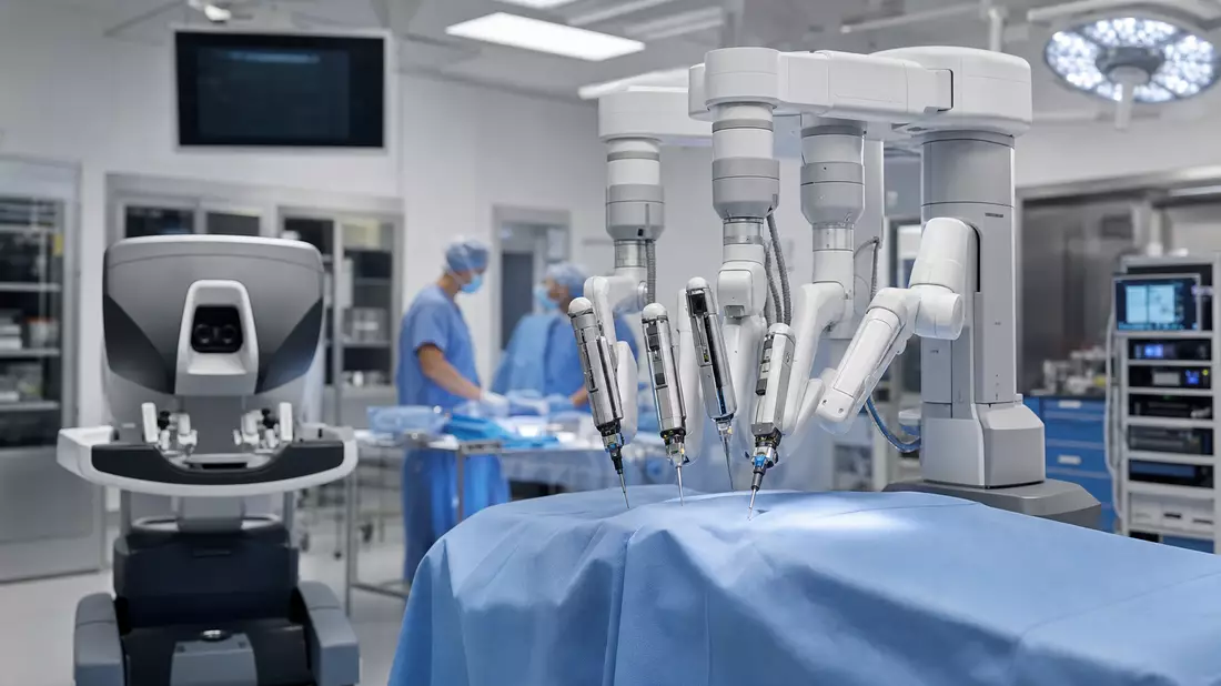 OP-Roboterarme über Operationstisch mit Chirurgenkonsole im hell beleuchteten Krankenhaus-OP-Saal