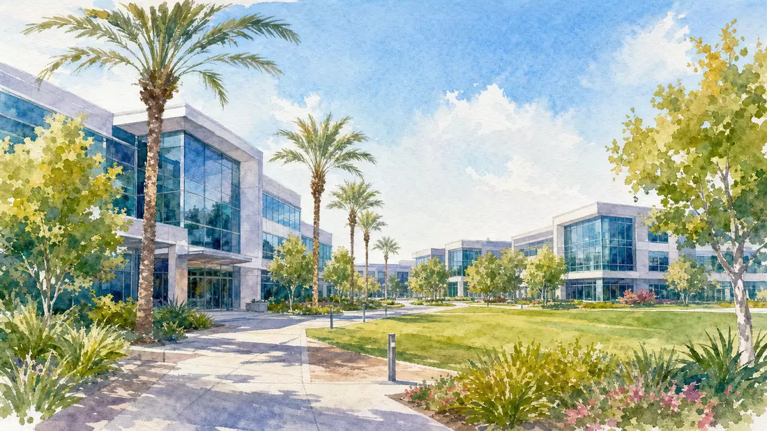 Aquarellillustration eines modernen Technologiecampus mit Palmen und Glasgebäuden in Sunnyvale