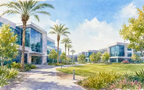Aquarellmalerei des Firmensitzes in Sunnyvale zeigt Intuitive Surgical Inc. (US46120E6023) mit modernem Campus und Palmen - Foto: THN