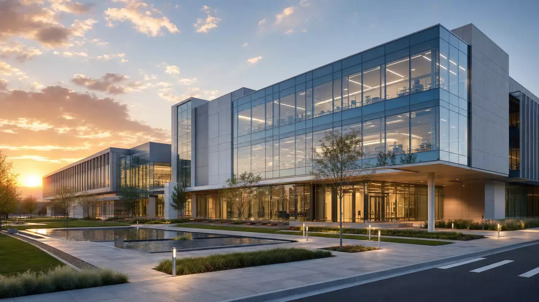 Modernes Architektur-Rendering eines Glas-Bürogebäudes mit Wasserbecken bei Sonnenuntergang