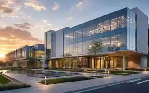Architektur-Render eines Medizintechnik-Firmensitzes repräsentiert Intuitive Surgical Inc. (US46120E6023) mit gläserner Fassade bei Sonnenuntergang - Foto: THN