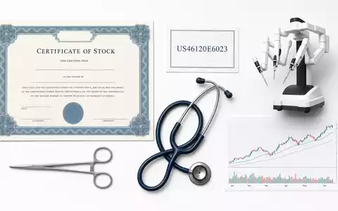 Flatlay-Arrangement mit Aktienzertifikat und ISIN-Karte symbolisiert Intuitive Surgical Inc. (US46120E6023) neben medizinischen Instrumenten und Kursdiagramm - Foto: THN