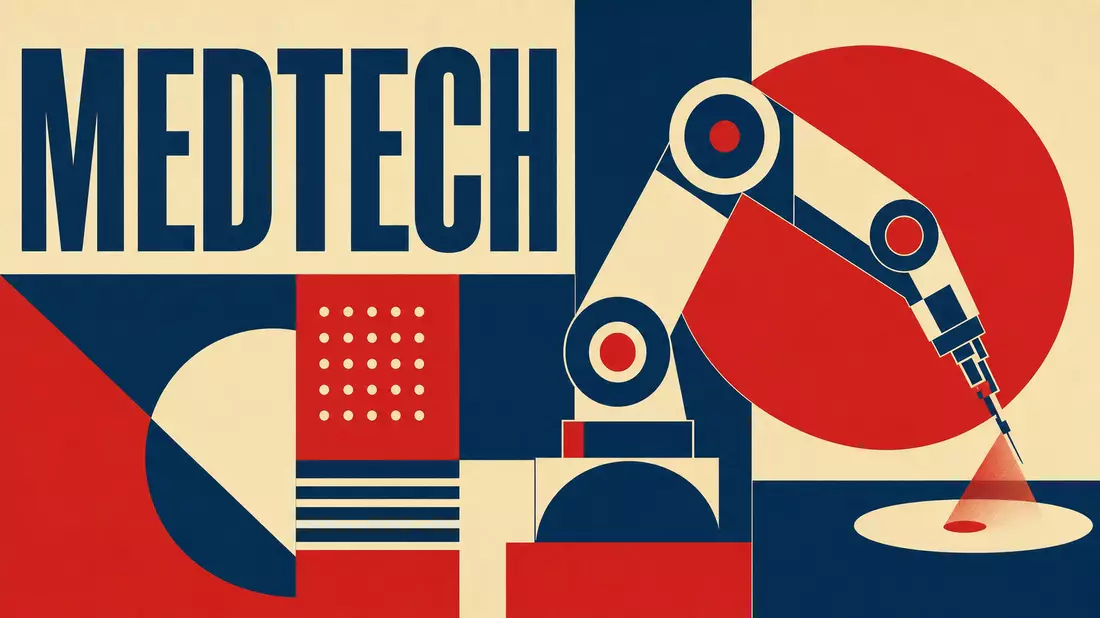 Bauhaus-Poster mit geometrischem Roboterarm-Motiv und dem Schriftzug MEDTECH