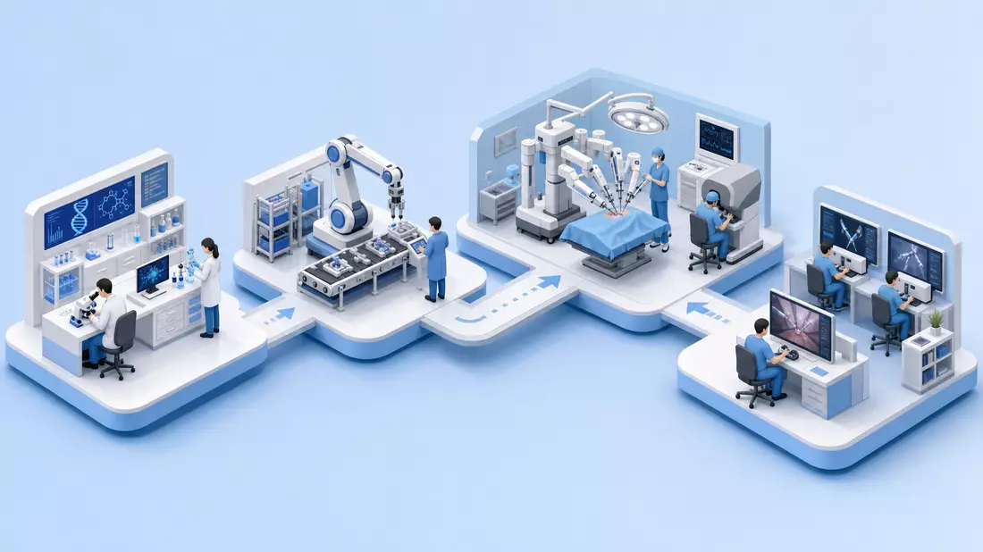 Isometrische 3D-Grafik zeigt Labor, Fertigung, Operationssaal und Trainingszentrum als Prozesskette