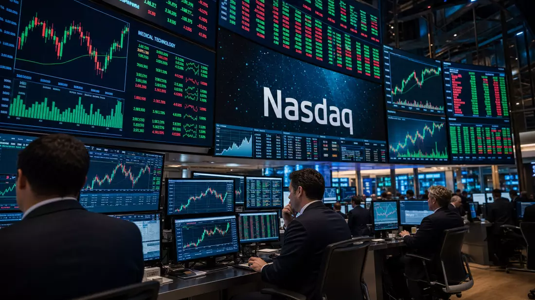 Trading-Floor mit Nasdaq-Anzeigetafel und Kursdiagrammen der Medizintechnik-Branche