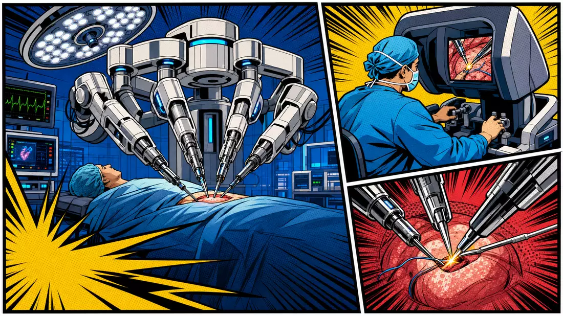 Pop-Art-Comic zeigt Operationsroboter mit mehreren Armen und Chirurgen an der Konsole
