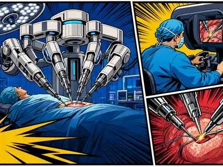 Farbenfrohe Pop-Art-Comic-Szene aus dem Operationssaal illustriert Intuitive Surgical Inc. (US46120E6023) mit dynamischer Chirurgie-Roboter-Darstellung - Foto: THN