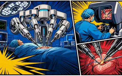 Farbenfrohe Pop-Art-Comic-Szene aus dem Operationssaal illustriert Intuitive Surgical Inc. (US46120E6023) mit dynamischer Chirurgie-Roboter-Darstellung - Foto: THN
