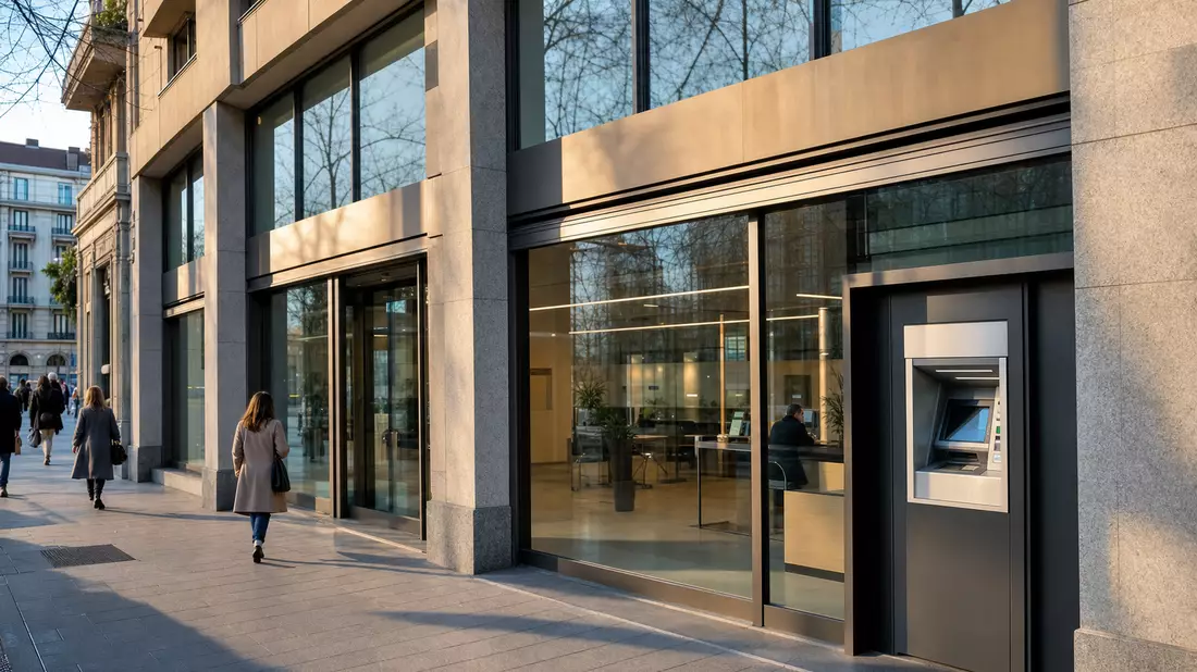 Bankfiliale in Turin mit Glasfassade und Geldautomat, italienische Bank