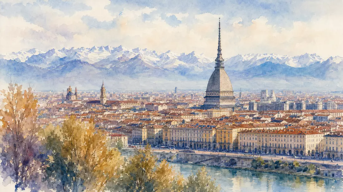 Aquarell der Turin-Skyline mit Mole Antonelliana und Alpenpanorama