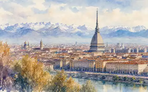 Aquarellbild der Turin-Skyline mit Alpen visualisiert Intesa Sanpaolo S.p.A., ISIN IT0000072618, italienischen Bankkonzern mit Hauptsitz - Foto: THN