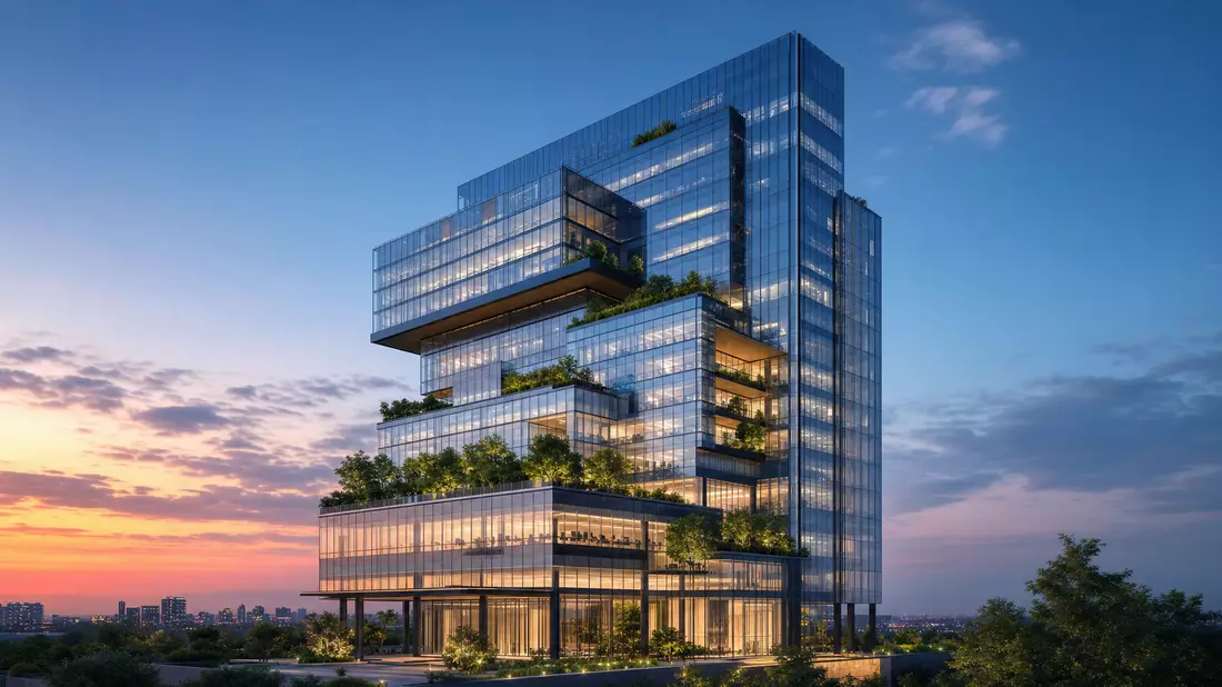 Architektur-Render eines modernen Glasturms als Bank-Hauptsitz