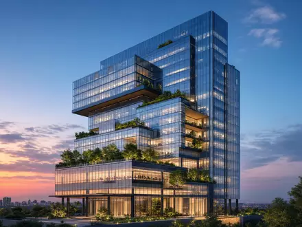 Architektur-Render eines Glasturms repräsentiert Intesa Sanpaolo S.p.A., ISIN IT0000072618, modernen Bankkonzern mit Hochhaus-Hauptquartier - Foto: THN