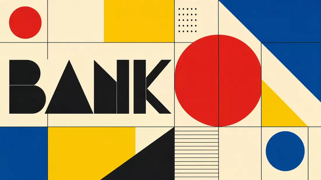 Bauhaus-Poster mit geometrischen Formen und Schriftzug BANK