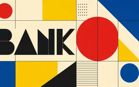 Bauhaus-Poster mit geometrischem Bankmotiv steht für Intesa Sanpaolo S.p.A., ISIN IT0000072618, führenden italienischen Finanzdienstleister - Foto: THN