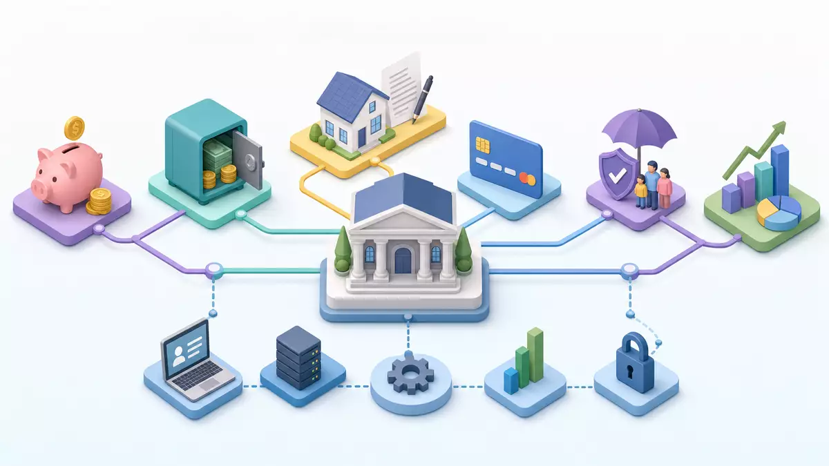 Isometrisches 3D-Diagramm einer Bank-Wertschöpfungskette mit Icons
