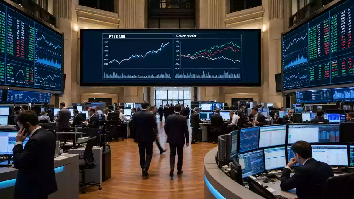 Börsen-Editorial vom Trading-Floor mit FTSE-MIB-Charts in Mailand