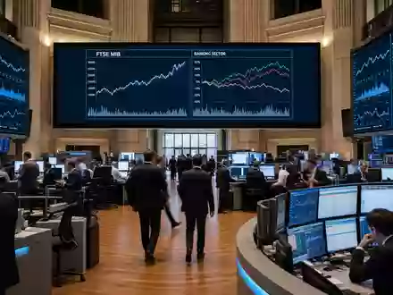Börsen-Editorial vom Mailänder Handelsraum zeigt Intesa Sanpaolo S.p.A., ISIN IT0000072618, gelistet im FTSE-MIB-Aktienindex Italiens - Foto: THN
